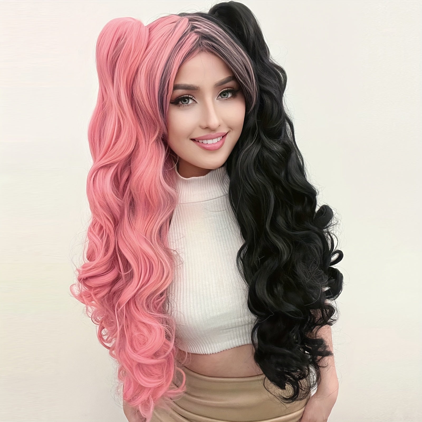 Ponytail Wig Synthetic Long Black And White Color Blocking White Blue Red Colored Curly Cosplay Wig With Double Ponytails For Black Friday Halloween Christmas Thanksgiving Day For Music Festival